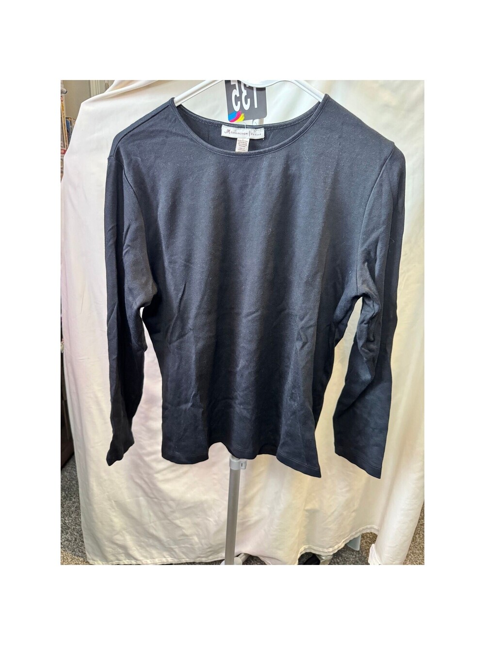 135 JM Collection Petite Women Large Black Long Sleeve Cotton Rayon Knit Top Tee